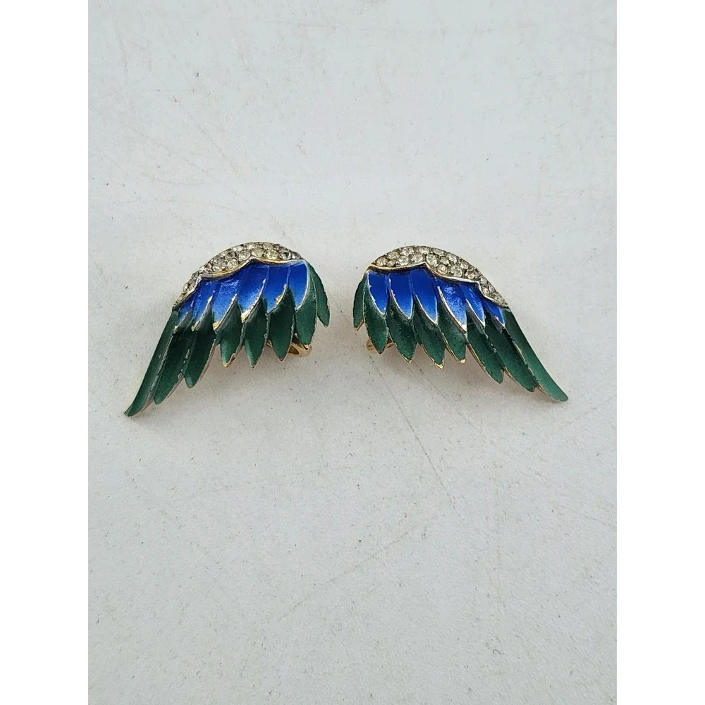 Trifari Birds‎ of Paradise Brooch & Earring Set Blue Green Enamel Rhinestone